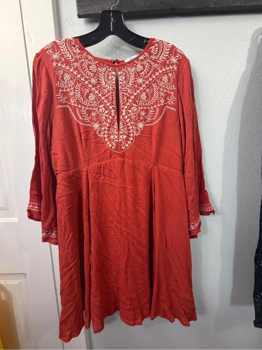 She + Sky Rust Orange Embroidered Long Sleeve Tunic Dress